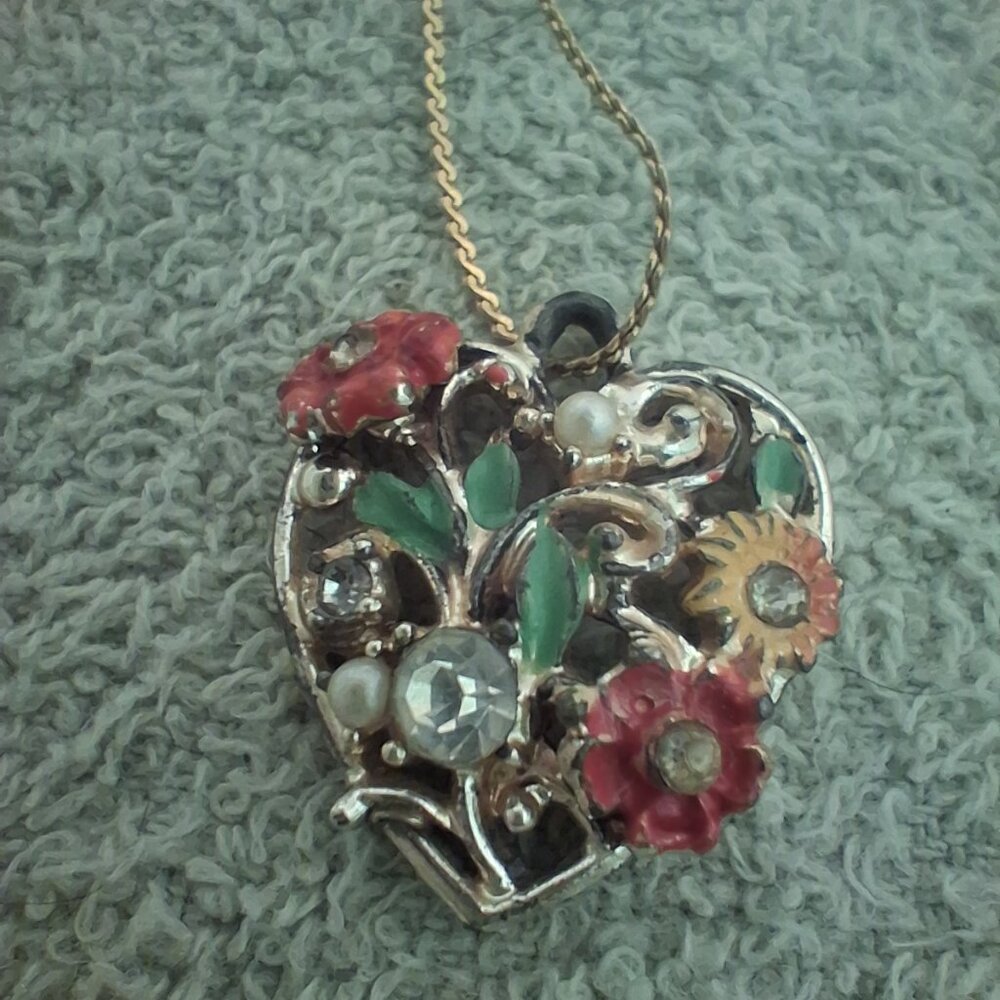 Vintage Enamel Heart Shaped Necklace Floral/Rhinestone/Faux Pearls 16"